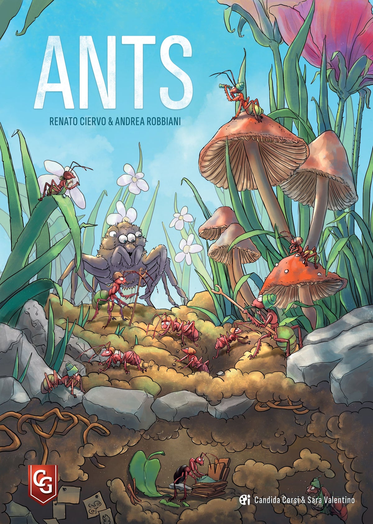Book cover of 'ANTS' with ants and mushrooms in a colorful garden setting