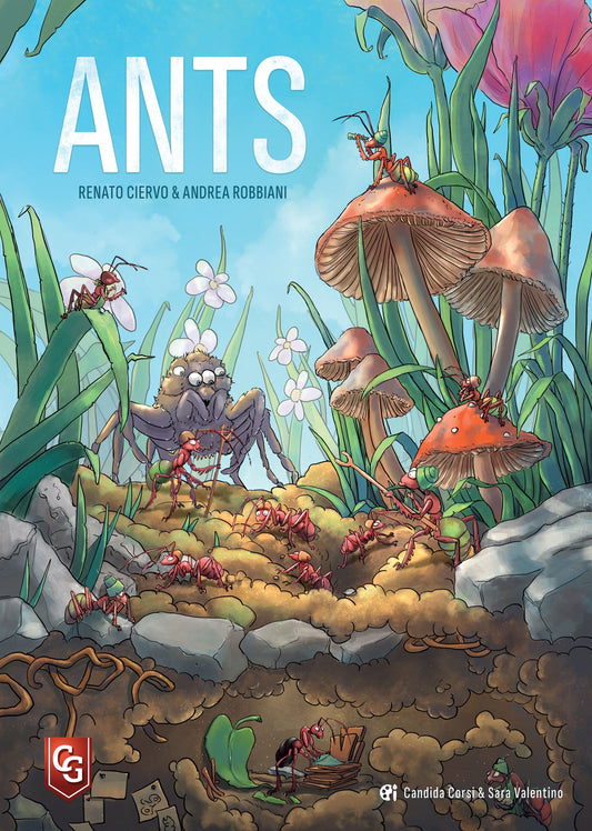 Book cover of 'ANTS' with ants and mushrooms in a colorful garden setting