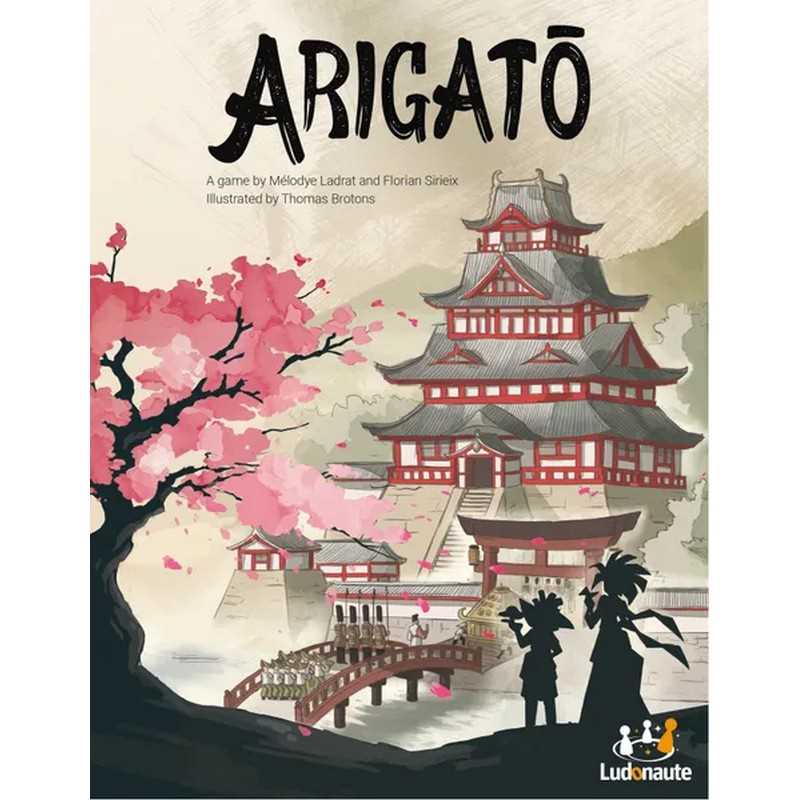Board game box for 'Arigato' with cherry blossom tree and traditional Japanese building.