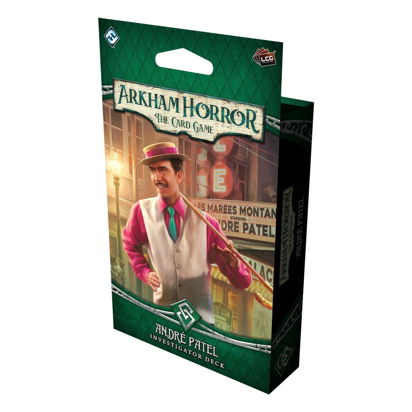 Arkham Horror card game packaging with a character illustration on a white background