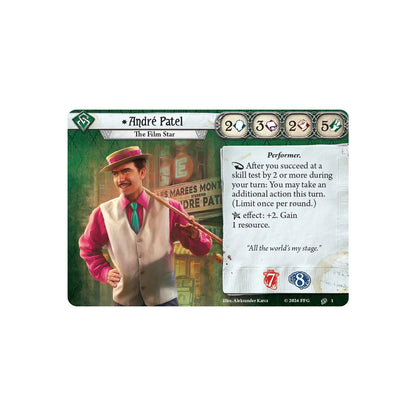 Card featuring a character named André Patel with a vintage background