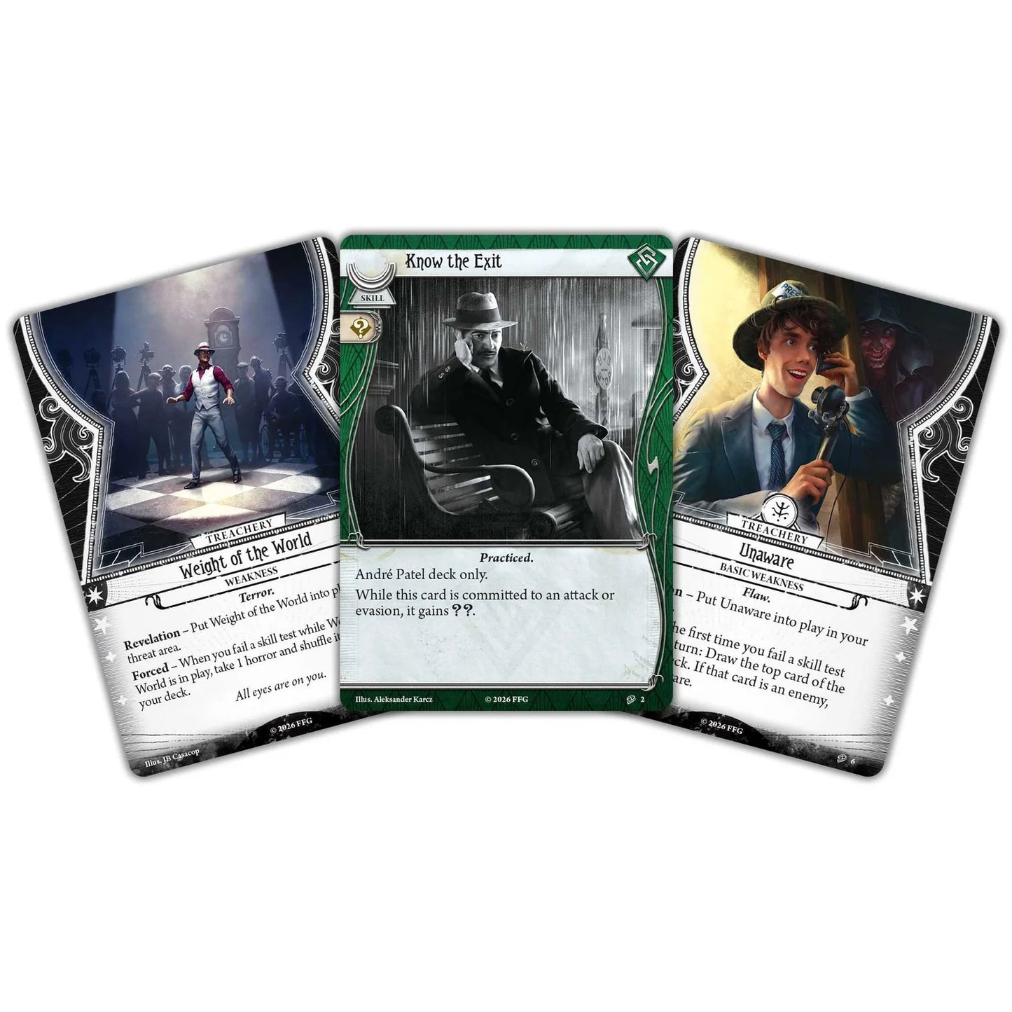 Three playing cards with characters and text on a white background