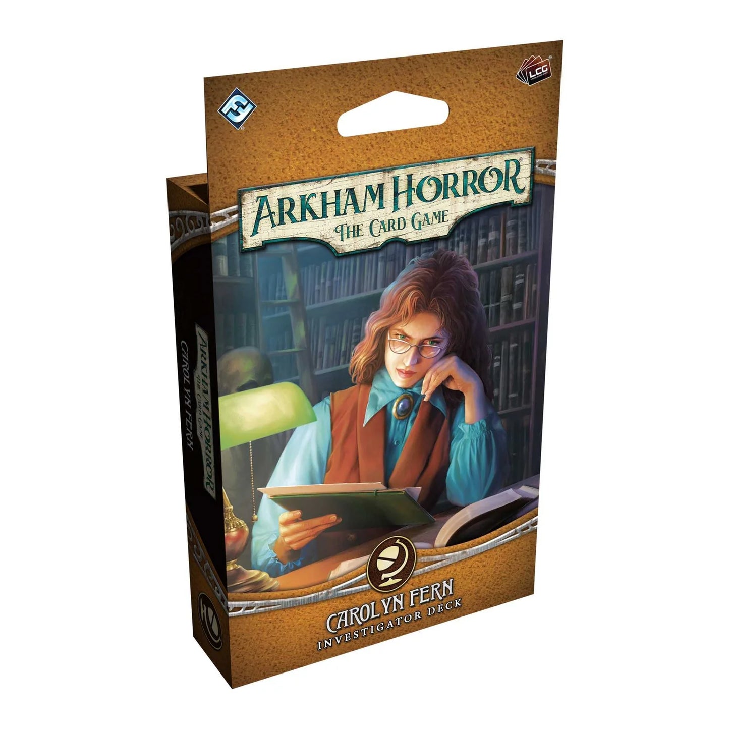 Arkham Horror card game box with a character reading a book on the cover