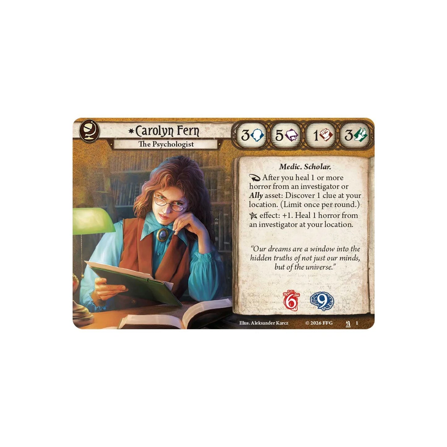 Card featuring a character named Carolyn Fern with game text and icons on a white background