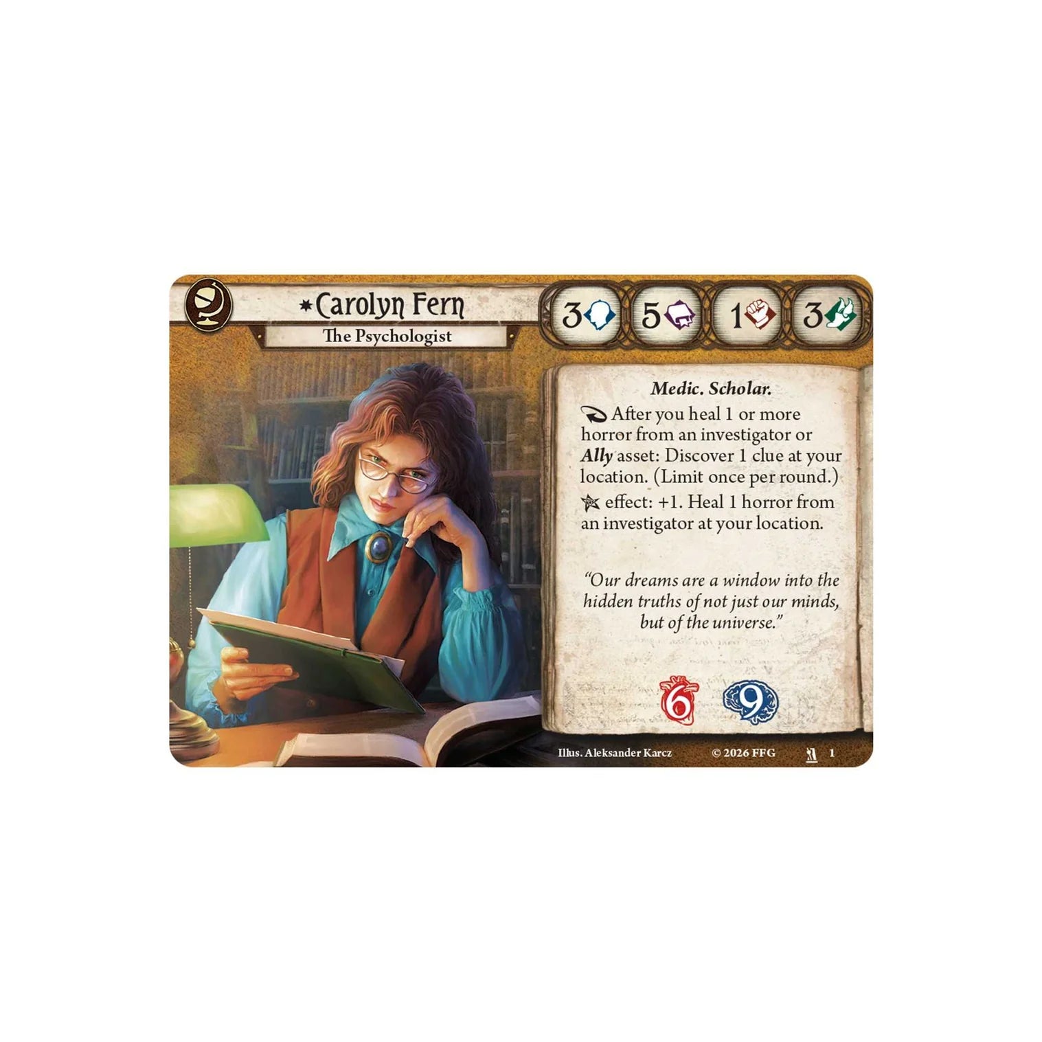 Card featuring a character named Carolyn Fern with game text and icons on a white background