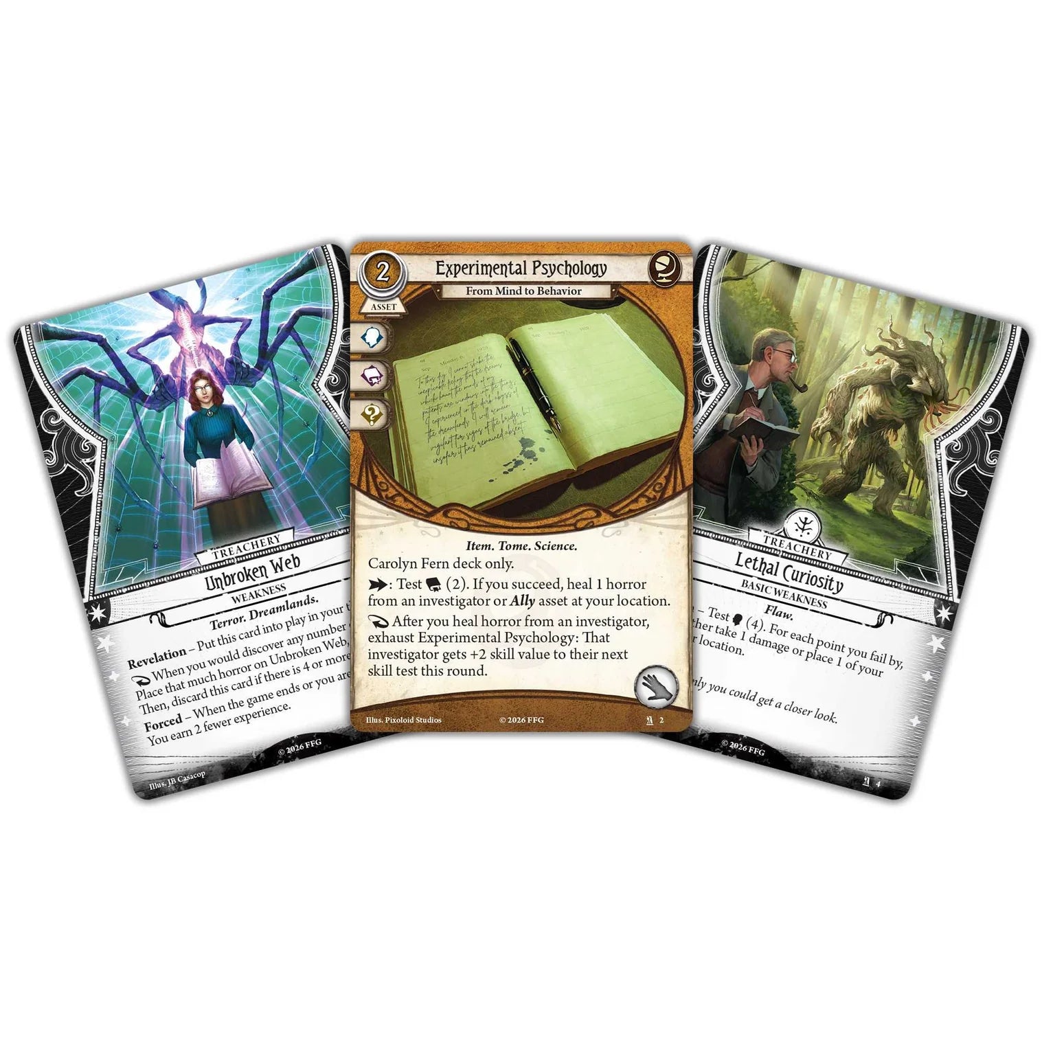 Three fantasy trading cards displayed on a white background