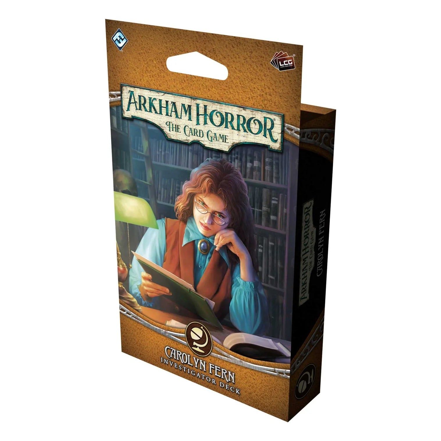Arkham Horror card game packaging with a character reading a book in a library.