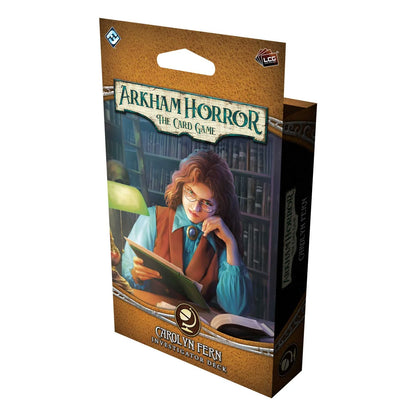 Arkham Horror card game packaging with a character reading a book in a library.
