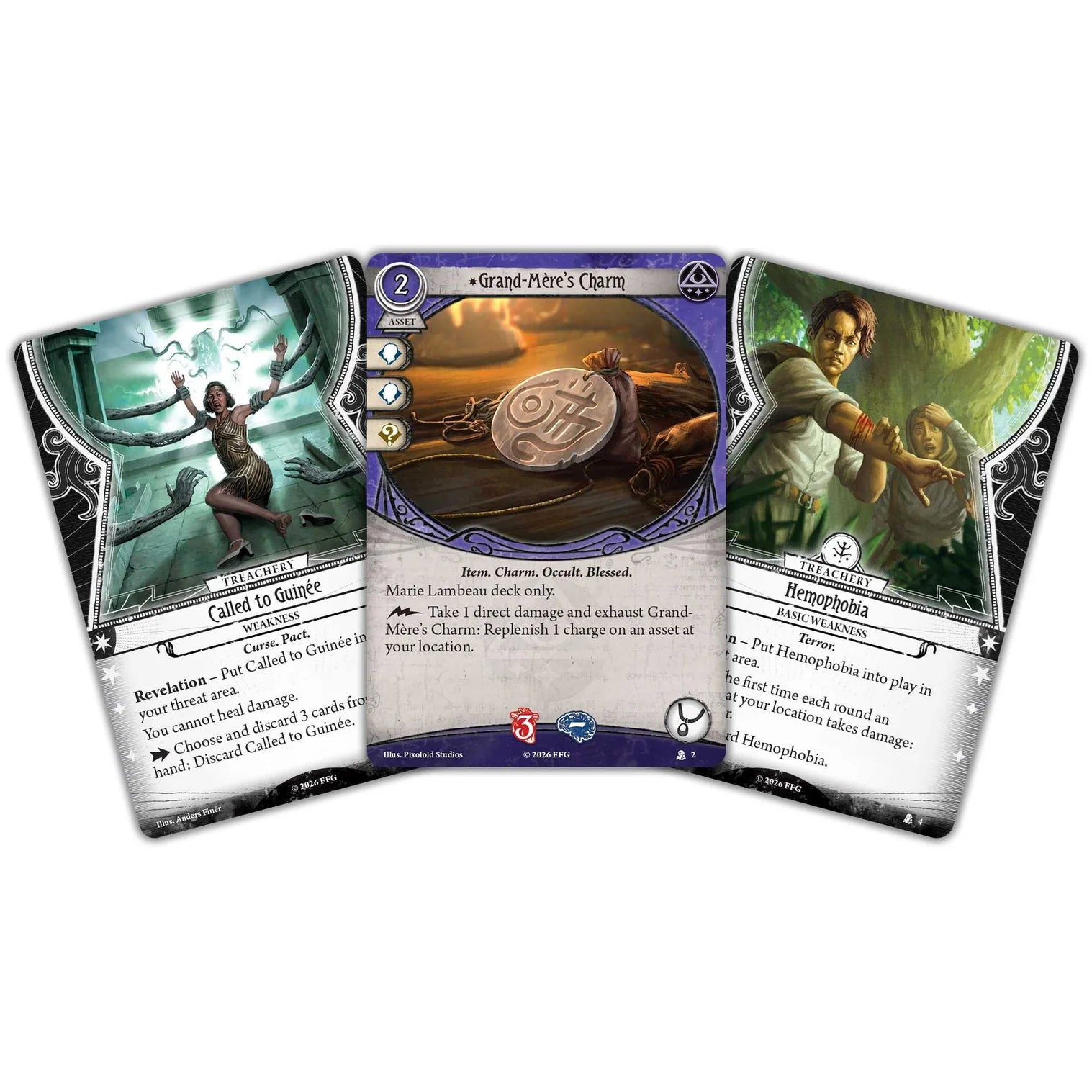Three fantasy trading cards displayed on a white background