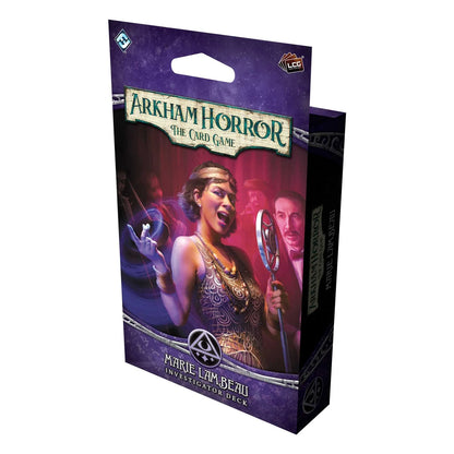 Arkham Horror card game packaging with a character illustration on a purple background