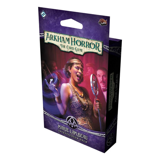 Arkham Horror card game packaging with a character illustration on a purple background