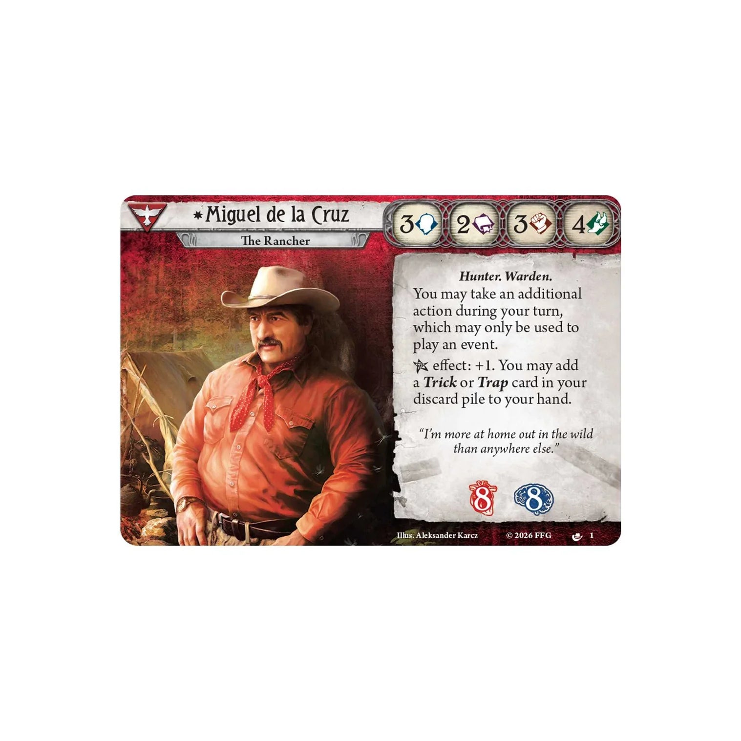 Card featuring a character named Miguel de la Cruz with game text and icons on a white background