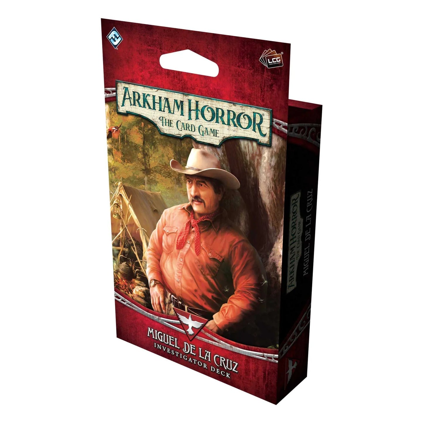 Arkham Horror card game deck packaging with a character in a red shirt and white hat.