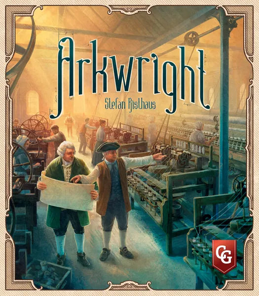 Board game cover titled 'Arkwright' with two characters in a factory setting.