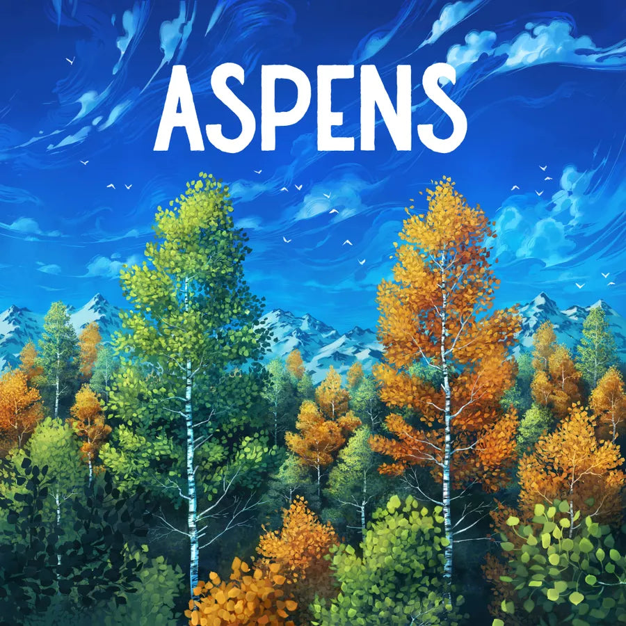 Forest scene with trees in autumn colors and the word 'ASPENS' against a blue sky.
