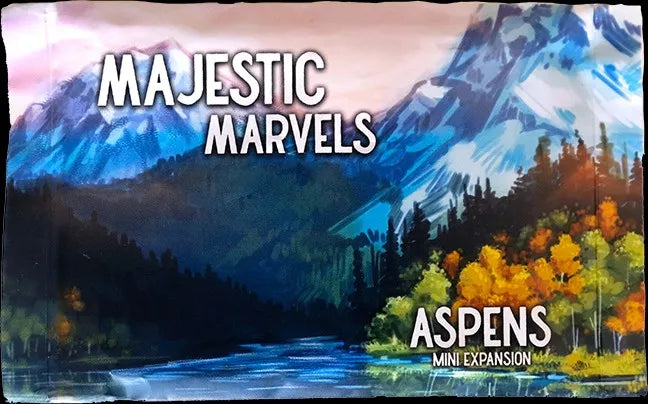 Artistic depiction of a mountain landscape with trees and water, labeled 'Majestic Marvels: Aspens Mini Expansion'.