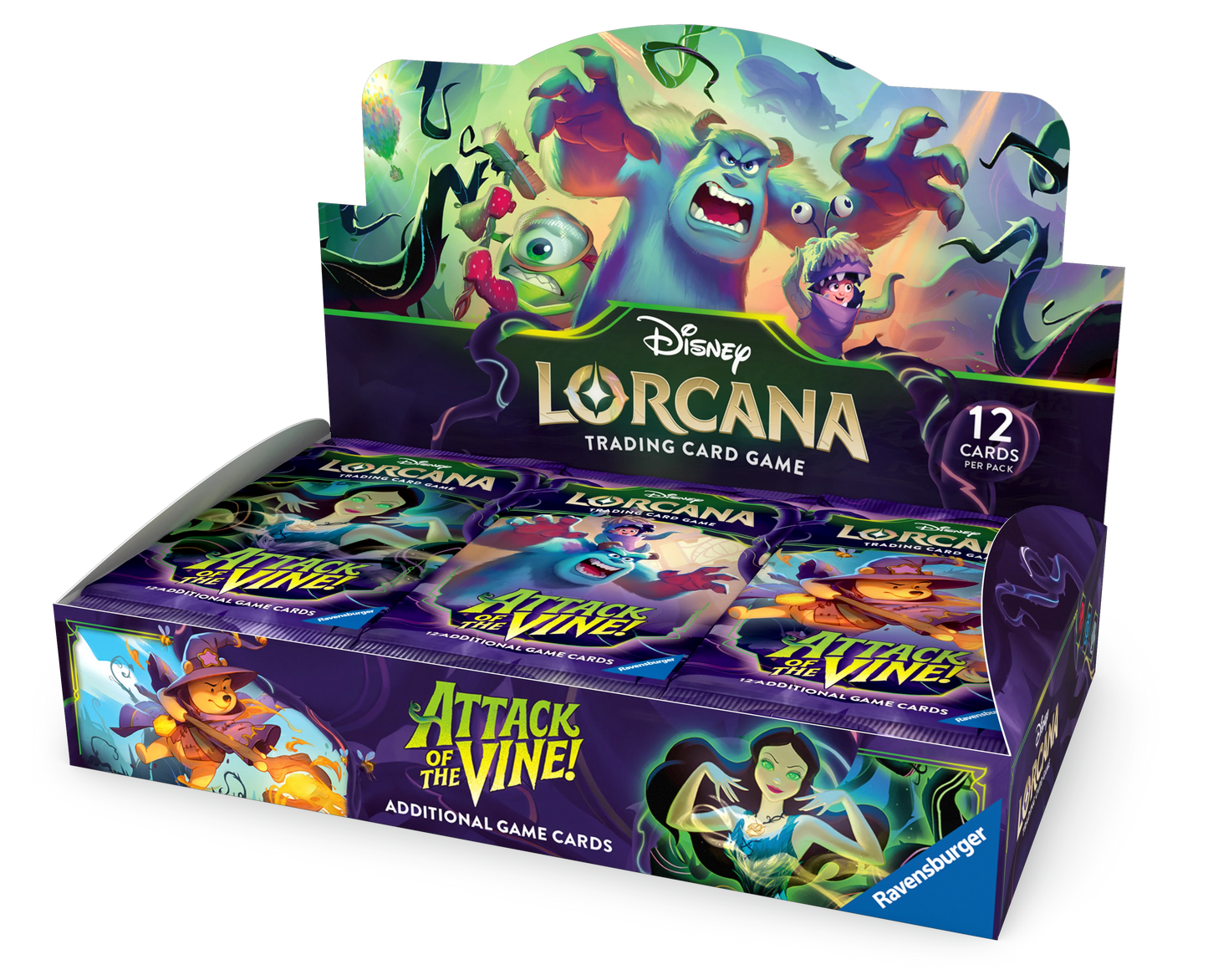 Box of Disney Lorcana trading card game featuring characters from 'Attack of the Vine'.