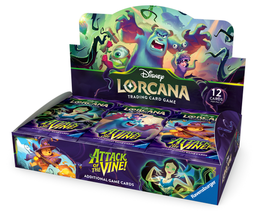 Box of Disney Lorcana trading card game featuring characters from 'Attack of the Vine'.
