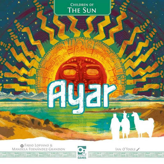 Board game box for 'Children of the Sun: Ayar' with a colorful design featuring a sun and mountains.