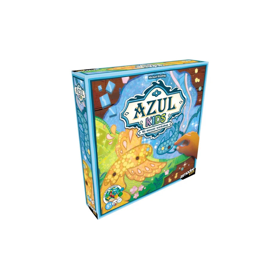 A box for the board game Azul Kids, featuring colorful underwater-themed artwork with a blue title banner and illustrated sea creatures on a plain white background.