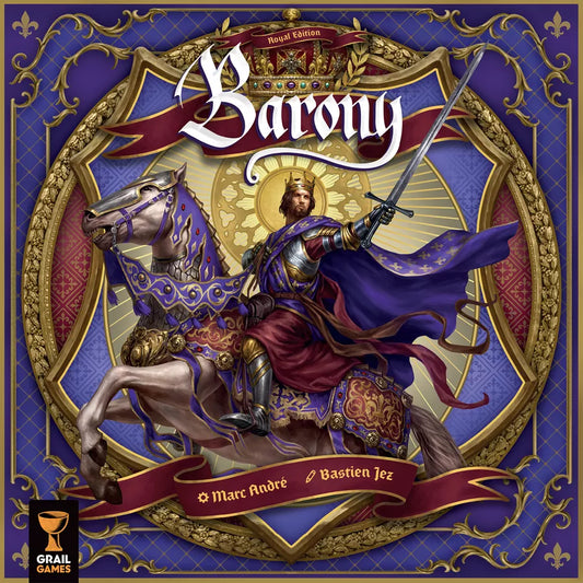 Board game cover titled 'Barony' with a knight on a horse and decorative elements.