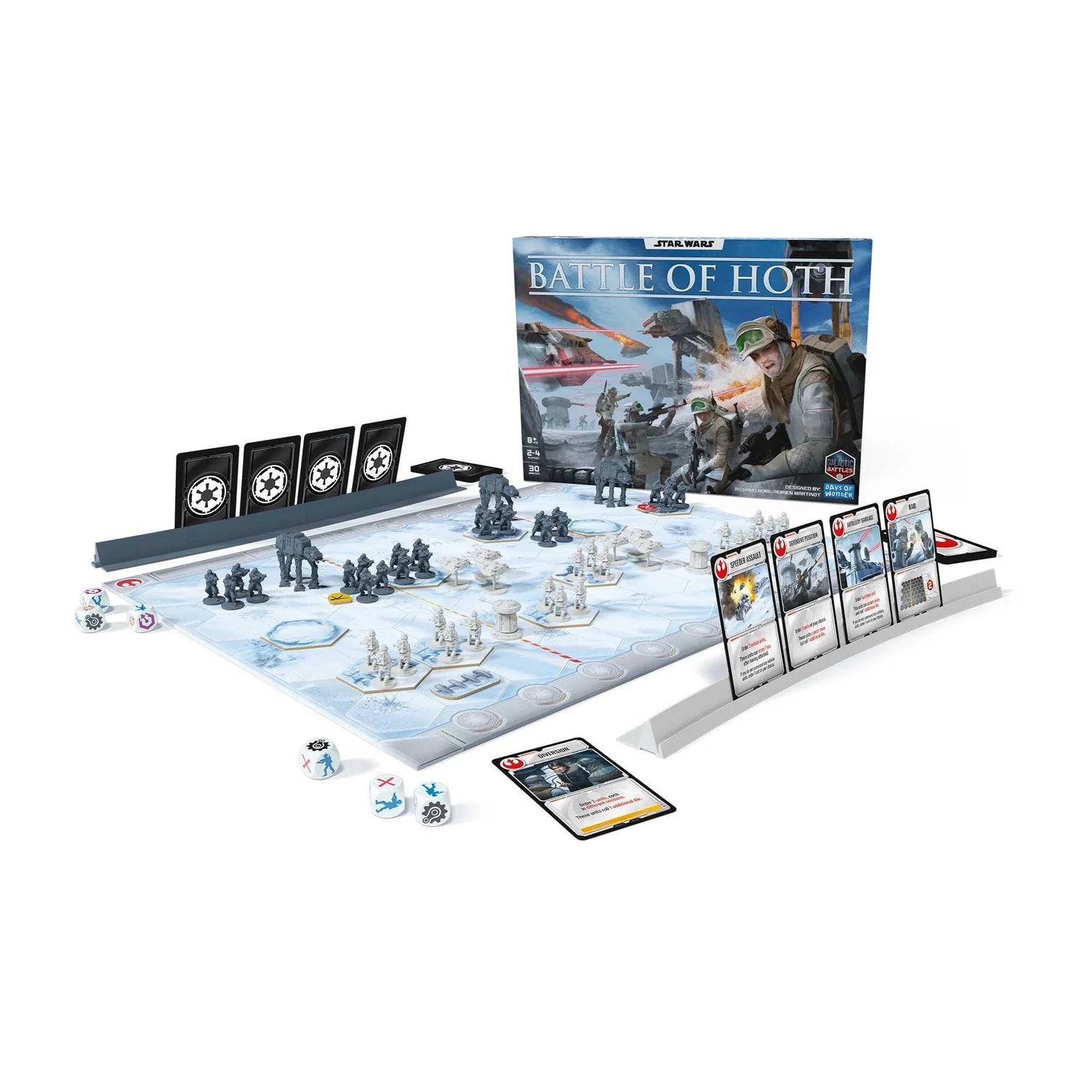 Board game set up with pieces and cards on a white background