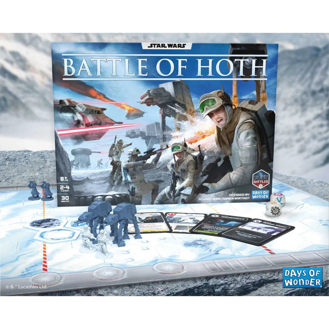 Star Wars Battle of Hoth board game set with game pieces and components on a snowy landscape background.