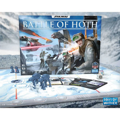 Star Wars Battle of Hoth board game set with game pieces and components on a snowy landscape background.