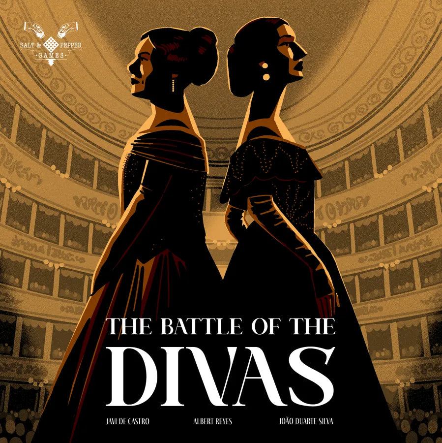 Illustration of two women in dresses with a theater background, titled 'The Battle of the Divas'.