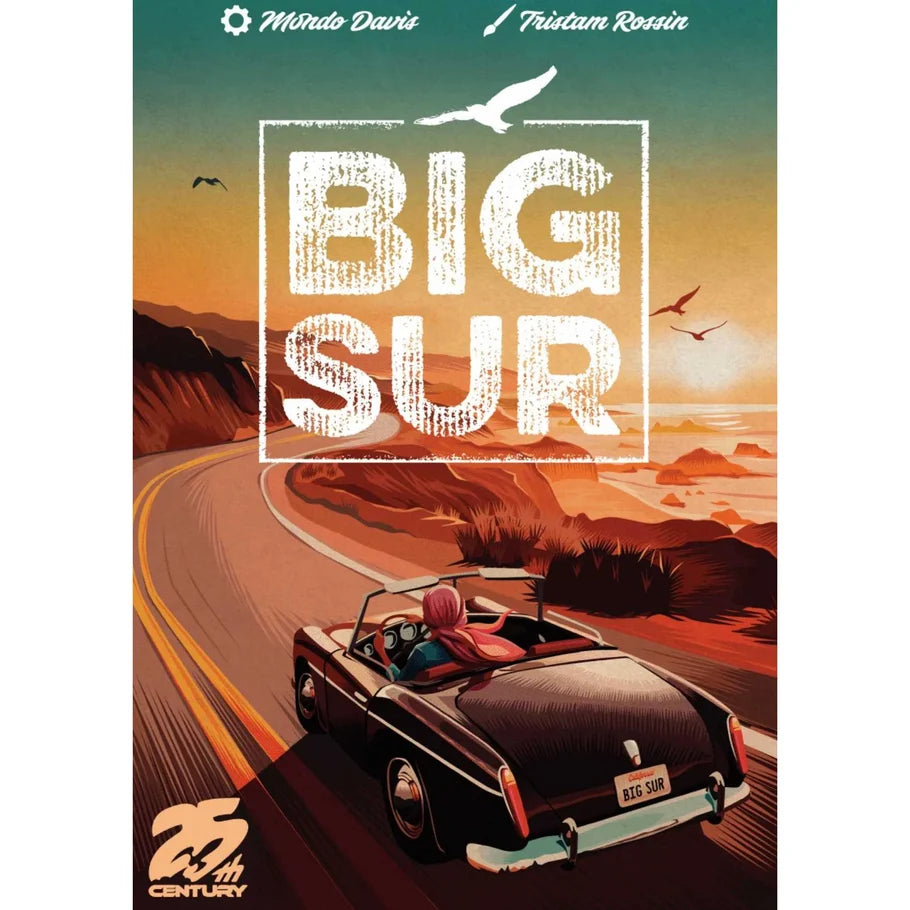 Board game cover for 'Big Sur' by Mindo Davis and Tristan Rossin, published by 20th Century Games. The cover art features a retro illustration of a vintage convertible car driving along a coastal highway with a sunset sky and seagulls.