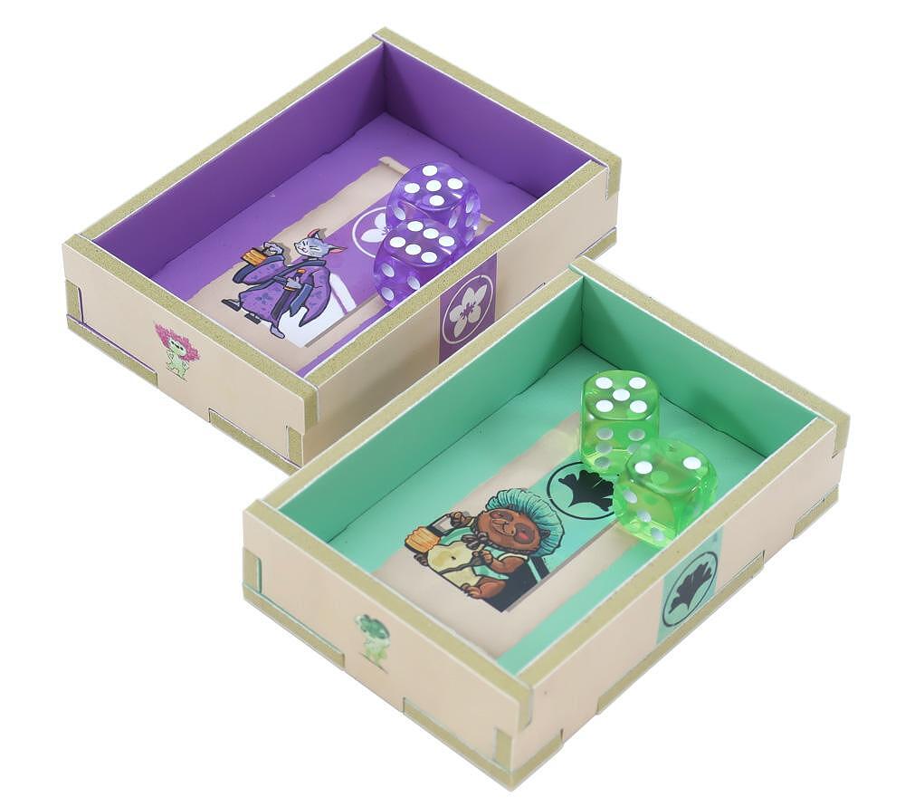 Two wooden dice trays with cartoon character illustrations and dice on a white background