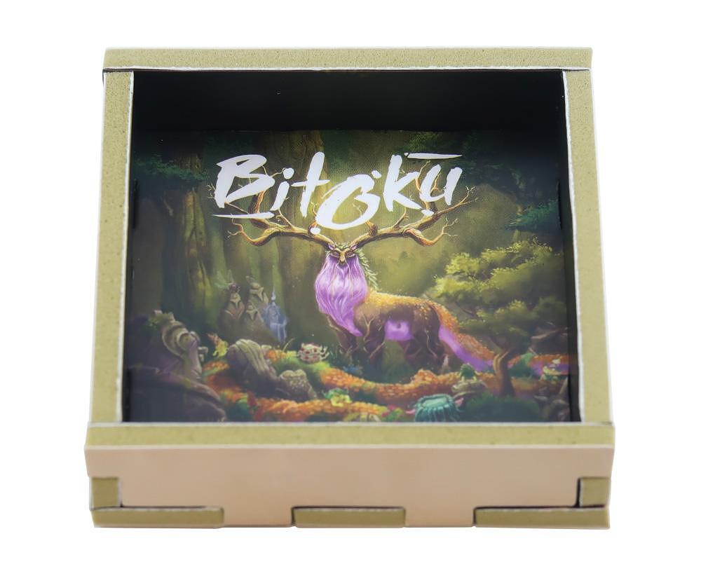 Box with a fantasy design featuring a deer and the word 'Bitoku' on a white background