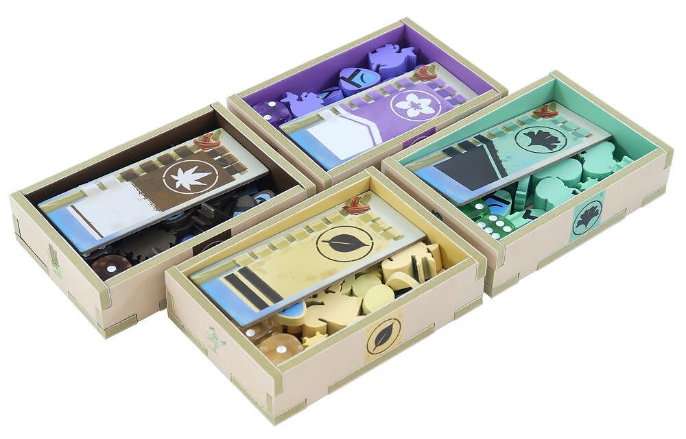 Set of wooden puzzle pieces in color-coded boxes on a white background