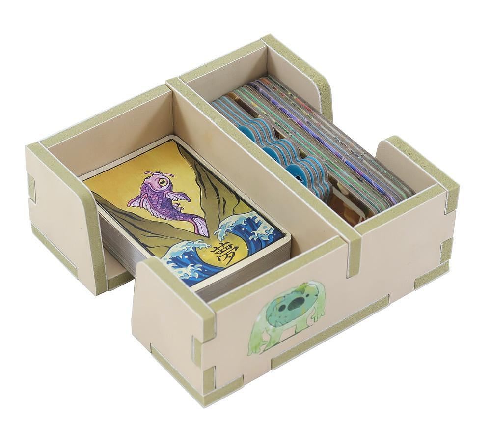 Card holder with compartments containing colorful cards on a white background