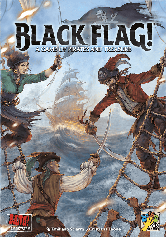 Front cover of the board game Black Flag! A Game of Pirates and Treasure, featuring illustrated pirate characters on a ship's rigging with a sailing ship and sea in the background.