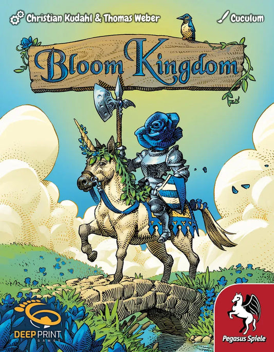 Board game cover of 'Bloom Kingdom' featuring a character on a unicorn with flowers and clouds in the background.