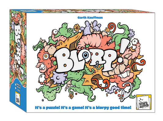 The board game box for 'Blop!' by Garth Kauffman, featuring a colorful, cluttered cartoon monster illustration with the title 'BLOP!' in large white letters. The box is shown at a three-quarter angle on a clean white background, with the Smick Games logo in the bottom right corner.