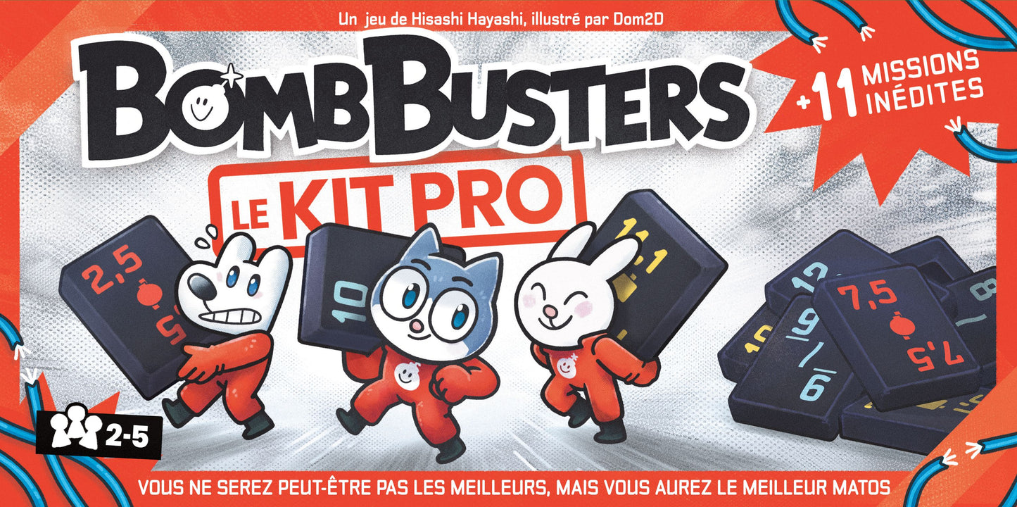 Front of the BombBusters Le Kit Pro board game box, featuring illustrated characters in red suits holding black score tiles, with orange and white graphics and French text.