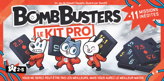 Front of the BombBusters Le Kit Pro board game box, featuring illustrated characters in red suits holding black score tiles, with orange and white graphics and French text.