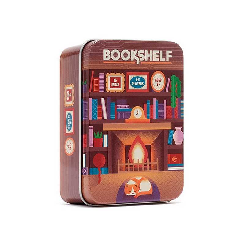 A square metal tin box for a game called BOOKSHELF, featuring a colorful illustration of a cozy bookshelf with a fireplace, books, and a sleeping fox on the front, shown on a plain white background.