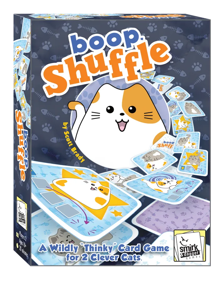 Box of 'boop Shuffle' card game with cartoon cat design on a dark background