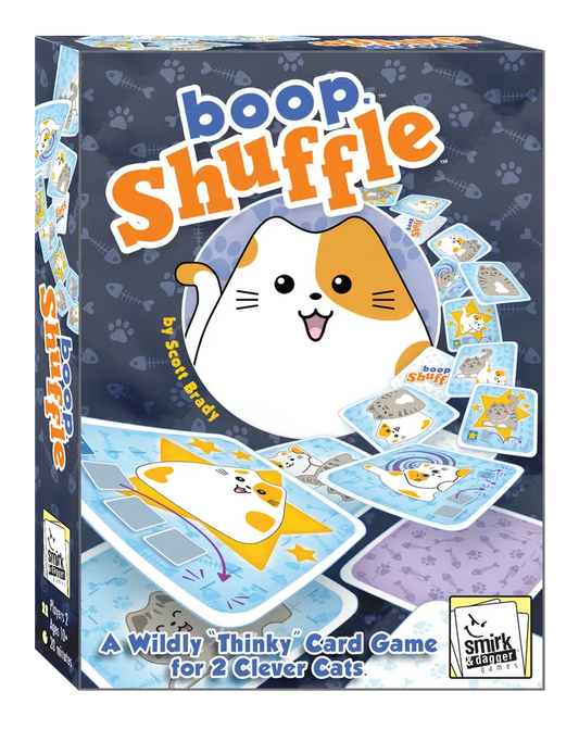 Box of 'boop Shuffle' card game with cartoon cat design on a dark background