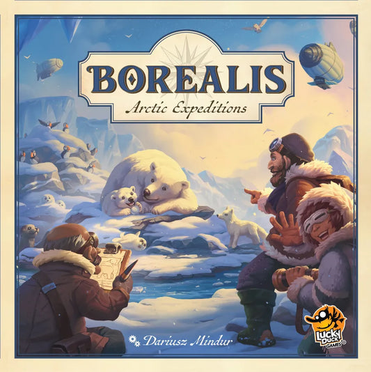 Board game box for 'Borealis: Arctic Expeditions' with polar bears and explorers on a snowy landscape.