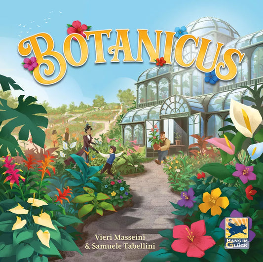 Board game cover of 'Botanicus' with a garden scene and greenhouse.