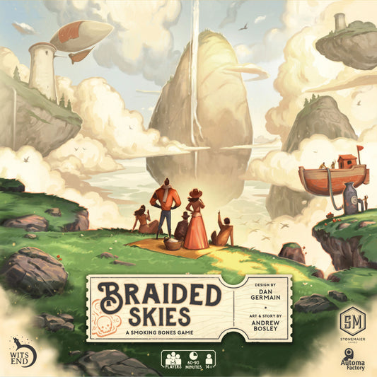 Board game box cover for Braided Skies, featuring a whimsical steampunk illustration of floating islands, clouds, a boat, and small figures on a grassy cliff. Visible logos include Wits End Games, 505 Games, and Automata Factory.