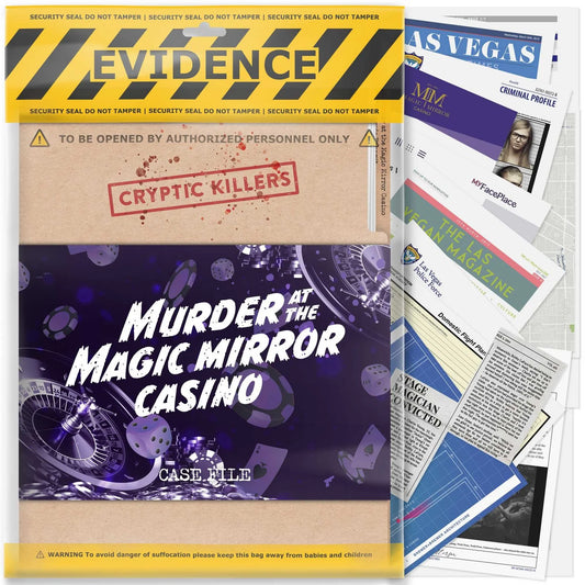 Game box for 'Murder at the Magic Mirror Casino' with evidence-themed packaging.