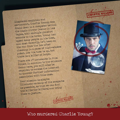 Folder with text and image of a man in a top hat and bow tie, labeled 'Cryptic Killers'.