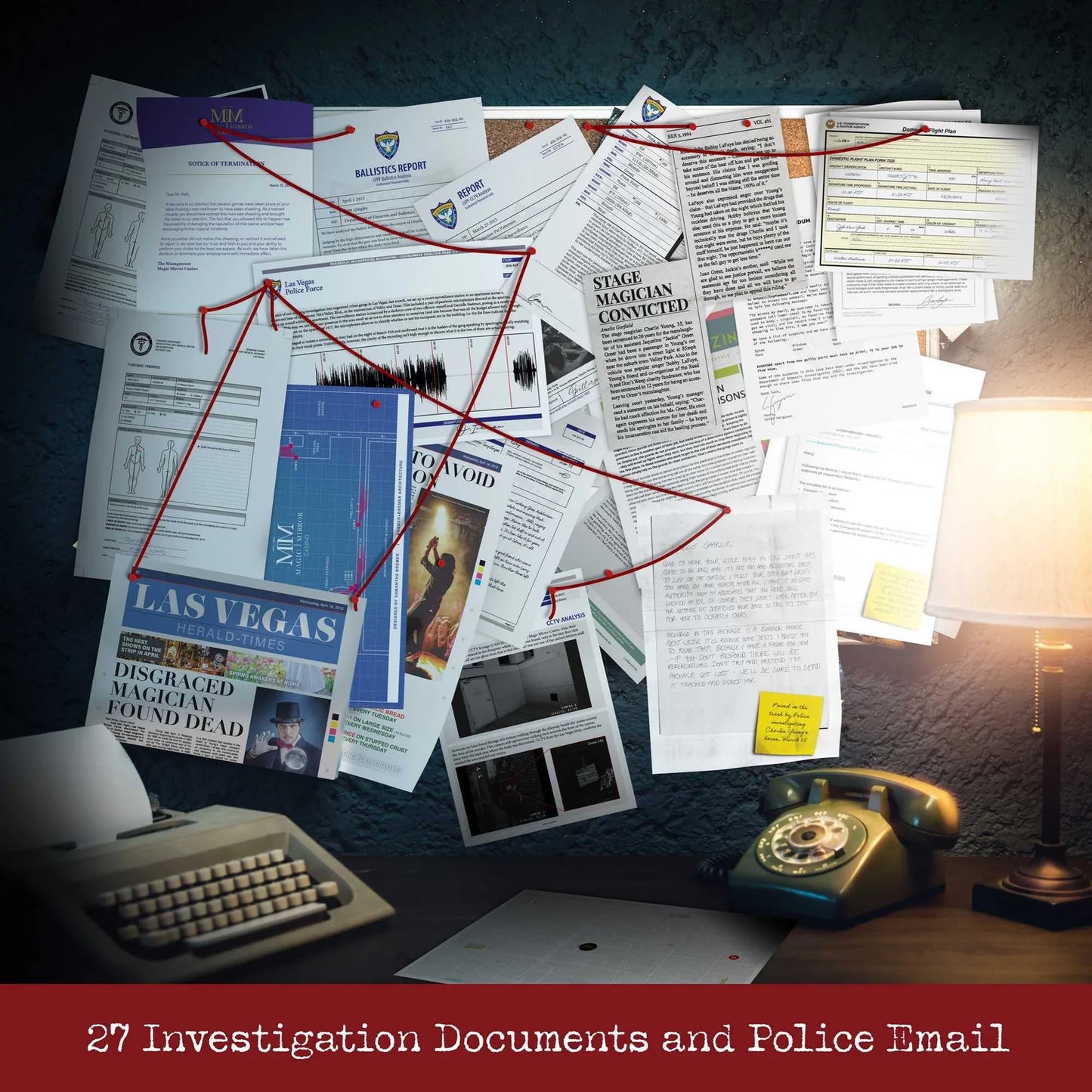 Scattered investigation documents and police email on a desk with a lamp and typewriter.