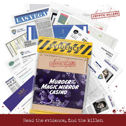 Game packaging for 'Murder at the Magic Mirror Casino' with various documents and a 'Cryptic Killers' logo.