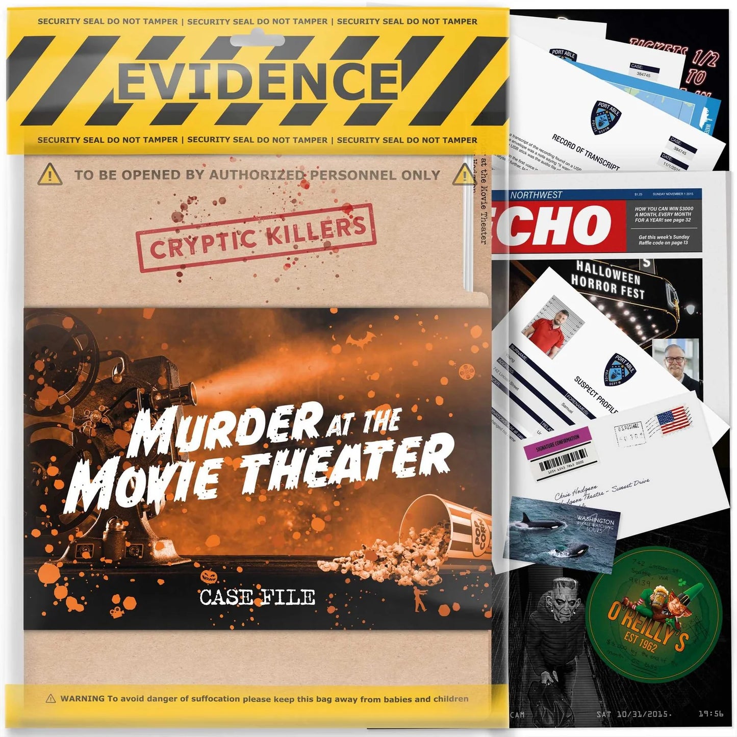 Halloween mystery game set with 'Evidence' box, 'Cryptic Killers' folder, and promotional materials.